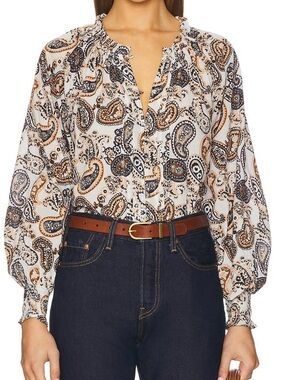 NWT Cleobella Ivy Blouse Paisley Nutmeg Ivory Navy Organic Cotton Top Women S